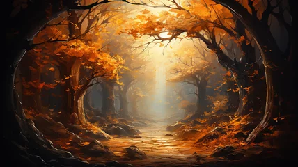Foto op Canvas romantic landscape in the autumn fairy tale story of the forest, sun through the fog in a round arch of yellow trees. © kichigin19