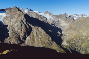 Snow covered mountain peaks in the tyrolean alps in Tyrol, Austria