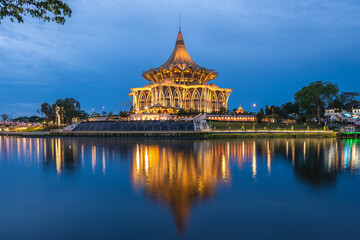 New Sarawak State Legislative Assembly Building in Kuching, Sarawak, Borneo, Malaysia. Translation:...