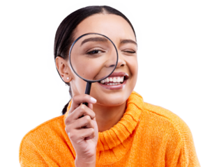 Woman eye, magnifying glass and happy portrait and search and closeup for investigation. Detective face, study and research with lens for inspection and check isolated on transparent, png background