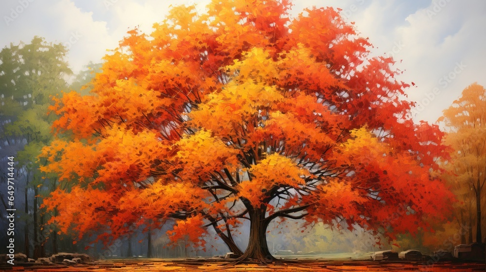 Poster a painting of an orange tree in a forest with rocks. generative ai