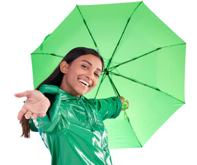 Happy, smile and portrait of woman with an umbrella for life insurance or protection with trendy...