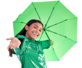 Happy, smile and portrait of woman with an umbrella for life insurance or protection with trendy fashion. Happiness, weather and Indian model with rain shelter isolated by transparent png background.