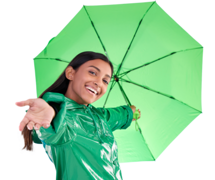 Happy, smile and portrait of woman with an umbrella for life insurance or protection with trendy fashion. Happiness, weather and Indian model with rain shelter isolated by transparent png background. - Powered by Adobe
