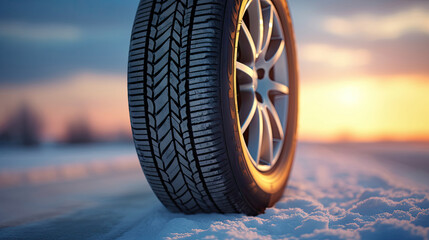 Fototapeta Close up of Car tires in winter on the road covered with snow. Winter tire. Generative Ai obraz