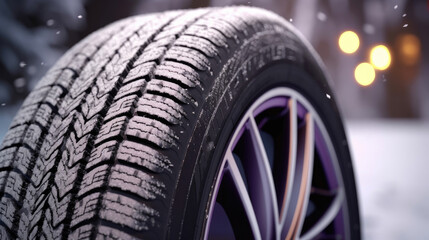 Close up of Car tires in winter on the road covered with snow. Winter tire. Generative Ai