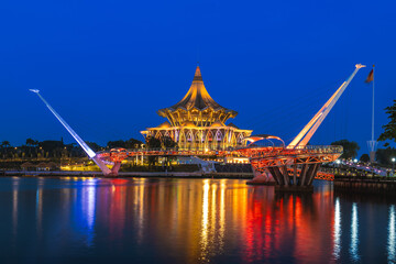 New Sarawak State Legislative Assembly Building in Kuching, Sarawak, Borneo, Malaysia. Translation:...