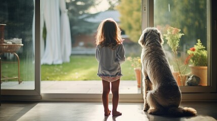 young child girl stay home with her animal dog best friend pet she is standing with dog waiting for her daddy come home form work happiness lifestyle at home - obrazy, fototapety, plakaty
