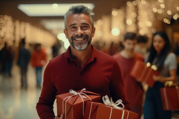 Middle aged smiling handsome man with a Christmas gifts in a shopping bags, smiling looking at the camera in the shopping mall - obrazy, fototapety, plakaty