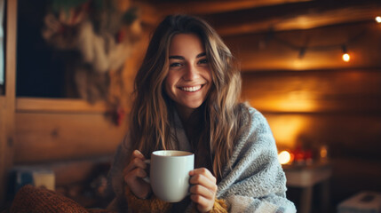 Happy young woman in warm clothes with a cup of hot tea sitting on a sofa with a blanket - obrazy, fototapety, plakaty