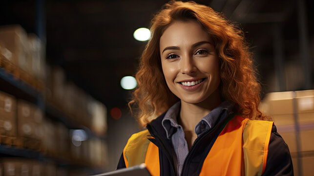 Portrait Of A Smiling Woman With A Tablet For Checking Goods. Logistics And Business Export Concept. Generative Ai