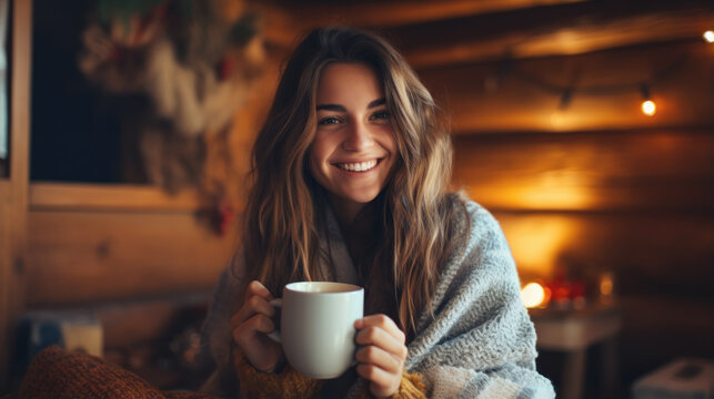 Happy Young Woman In Warm Clothes With A Cup Of Hot Tea Sitting On A Sofa With A Blanket