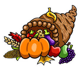 Stylized Cartoon Thanksgiving Basket of Fruit and Vegetables