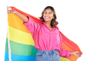 Lgbtq, pride and portrait of woman with flag on isolated, png and transparent background. Fashion, rainbow and person with icon for queer, gay and lesbian community for solidarity, love and inclusion