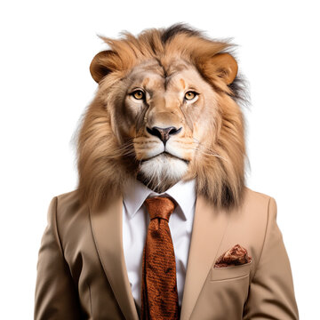 front view of a lion animal in a suit isolated on a white transparent background
