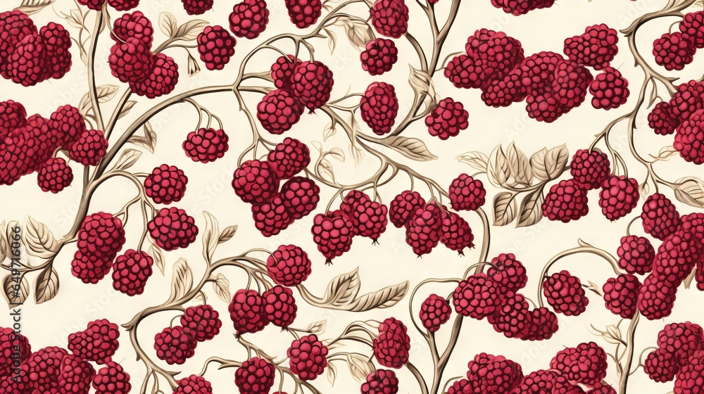 Poster a pattern of raspberries and leaves on a white background. generative ai