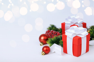 Christmas red gifts with decorations on white background