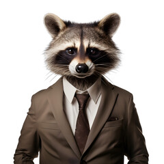 front view of a raccoon animal in a suit isolated on a white transparent background - obrazy, fototapety, plakaty