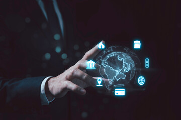 Data analysis of financial and banking, Stock, AI, Technology and data connection, Security, Blockchain and Networking, Business strategy.Business and economic growth on global business network,