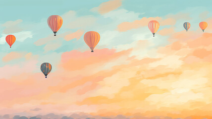 Naklejka premium the balloon is flying against the background of the sunset sky landscape travel freedom adventure oil paints.