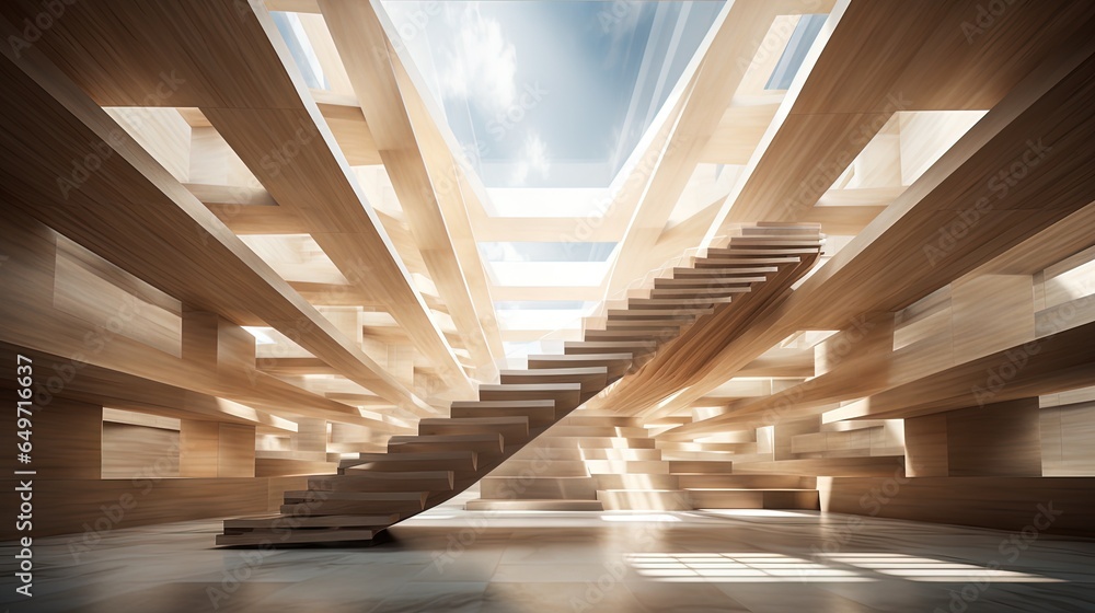 Poster a staircase in a large building with sky in the background. generative ai