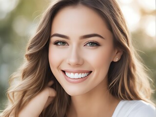 A closeup portrait of young Asian smiling woman with clean white teeth. Generative AI