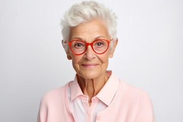 portrait of a Polish woman in her 90s wearing a chic cardigan against a white background