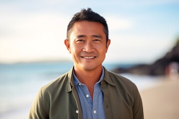 portrait of a confident Filipino man in his 40s wearing a chic cardigan against a beach background