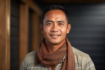 portrait of a confident Filipino man in his 40s wearing a foulard against an abstract background
