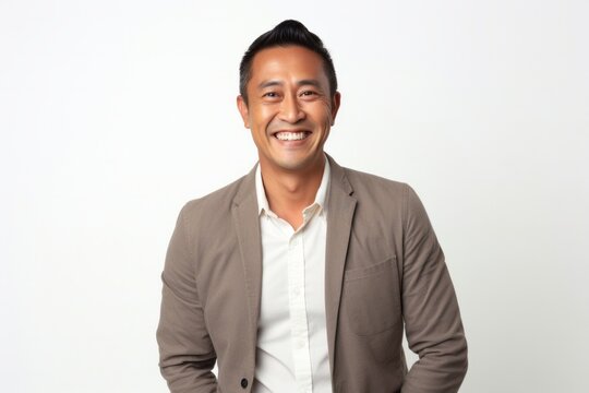 portrait of a confident Filipino man in his 40s wearing a chic cardigan against a white background