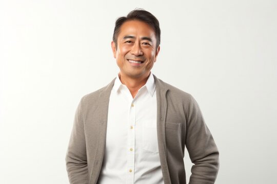 portrait of a confident Filipino man in his 50s wearing a chic cardigan against a minimalist or empty room background