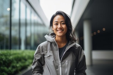 portrait of a confident Filipino woman in her 30s wearing a lightweight windbreaker against a modern architectural background