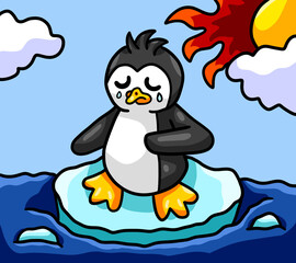 Stylized Little Penguin is Sad Because of the Global Warming