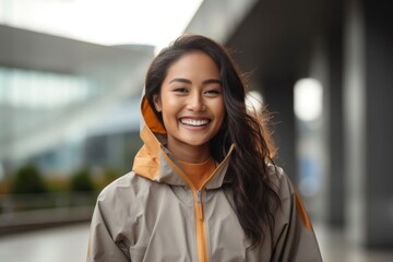 portrait of a confident Filipino woman in her 30s wearing a lightweight windbreaker against a modern architectural background