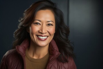 Fototapeta premium portrait of a confident Filipino woman in her 40s wearing a chic cardigan against an abstract background
