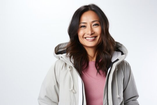 portrait of a confident Filipino woman in her 40s wearing a warm parka against a white background