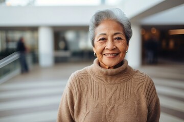portrait of a confident Filipino woman in her 80s wearing a cozy sweater against a modern architectural background