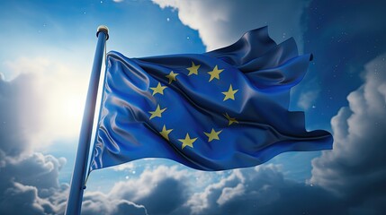 a flag-inspired artwork depicting the european flag with hues of blue and white. with stars. The flag symbolizes freedom and unity with a touch of historical significance.