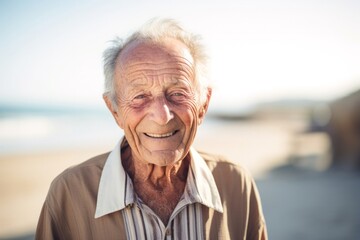 portrait of a confident Israeli man in his 90s wearing a chic cardigan against a beach background
