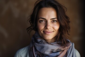 portrait of a confident Israeli woman in her 30s wearing a foulard against an abstract background