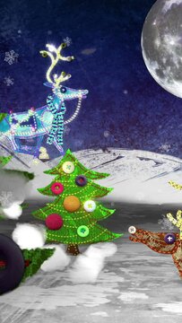 Santa with his sleigh and eight reindeer. Christmas mixed-media animation. Vertical video.