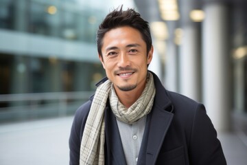 Fototapeta premium portrait of a confident Japanese man in his 30s wearing a chic cardigan against a modern architectural background