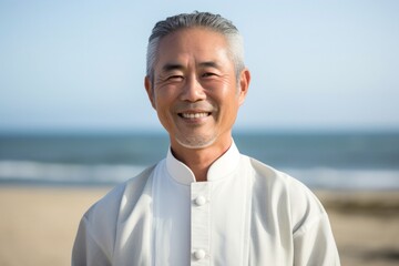 portrait of a confident Japanese man in his 50s wearing a simple tunic against a beach background