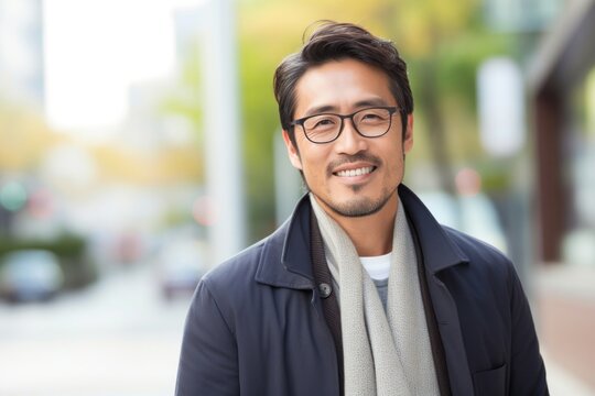 Portrait Of A Confident Japanese Man In His 40s Wearing A Chic Cardigan Against An Abstract Background