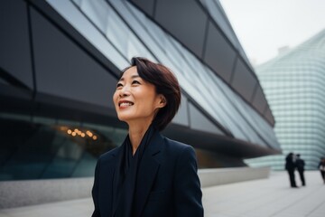 portrait of a confident Japanese woman in her 50s wearing a sleek suit against a modern architectural background