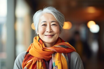 portrait of a confident Japanese woman in her 60s wearing a charming scarf against an abstract background