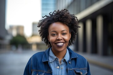 portrait of a confident Kenyan woman in her 40s wearing a denim jacket against a modern architectural background