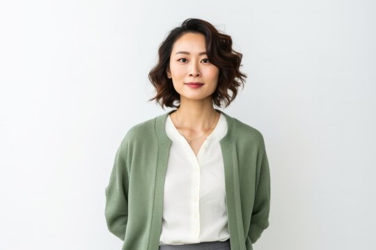 Portrait of a happy Japanese woman in her 30s wearing a chic cardigan against a white background