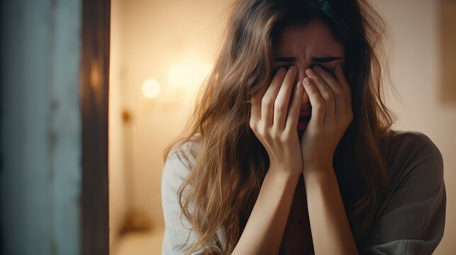 Frightened woman hides her face with her hands and cries, portrait. Domestic violence, abusive family, victim of violence. 