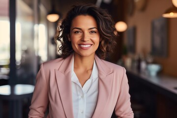 Fototapeta premium portrait of a confident Mexican woman in her 40s wearing a classic blazer against a pastel or soft colors background